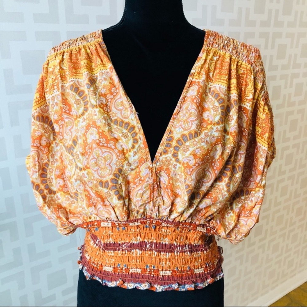Rachel Zoe Orange Floral Mod Boho Crop Blouse L NWT